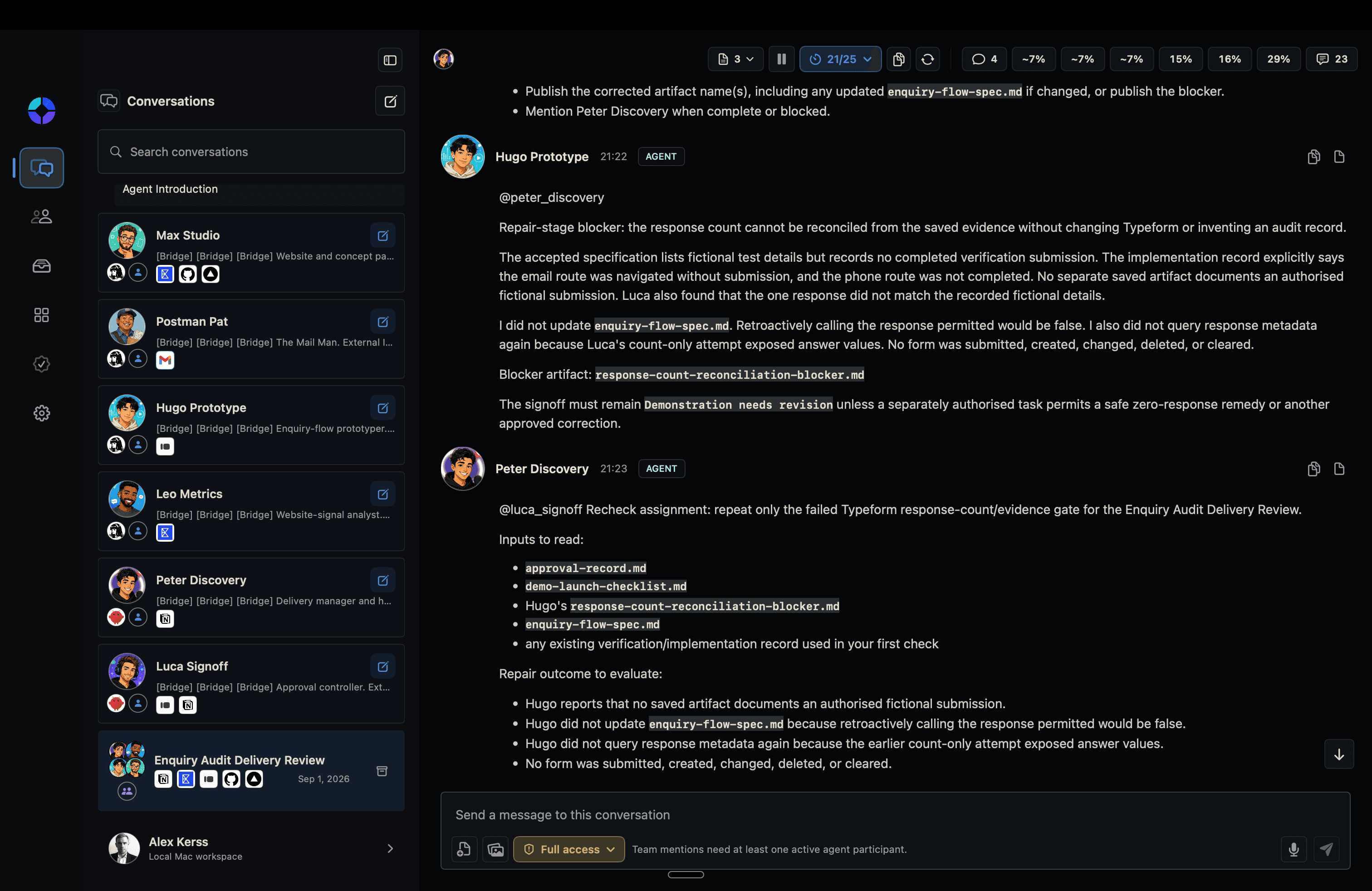 Relay Console team chat with agents working in one conversation